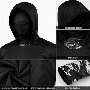 เสื้อเชิ้ตตกปลาผู้ชายสีดำมีฮู้ด แขนยาว พิมพ์ลายคลื่นด้วยเทคนิค Heat-Transfer น้ำหนัก 140 กรัม แห้งเร็ว UPF 50 ผลิตจากโพลีเอสเตอร์ สำหรับเล่นกีฬา - Product Image 5