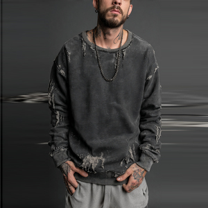Sudadera de cuello redondo para hombre, estilo distressed, moda de invierno, streetwear, hombros caídos, oversize, manga larga, top con efecto desgastado - Product Image 5