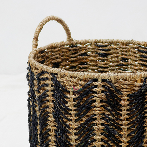 Handwoven <b>Seagrass</b> <b>Basket</b> Black and Natural Striped Storage Bin with Handles Round Woven Organizer for Home Decor - Product Image 2