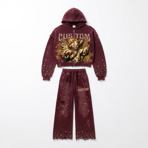 Ensemble de survêtement gothique pour homme avec sweat à capuche zippé et pantalon large imprimé crâne en strass délavé à l'acide - Product Image 3