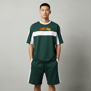 Conjunto de 2 piezas para hombre, camiseta oversize de 2 tonos y pantalones cortos, hombros caídos, 100% algodón, estilo holgado, OEM/ODM personalizado. - Product Image 4