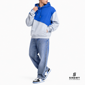 Sudadera con Capucha y Cremallera para Hombre SINEWY, Diseño Color Block, Felpa, Estilo Casual, para Otoño, 100% Algodón, Azul Grisáceo, con Bolsillos - Product Image 3