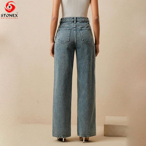 Jean ample de luxe pour femme avec strass, en denim premium, taille mi-haute, pantalon décontracté et tendance, fournisseur en gros OEM ODM - Product Image 2