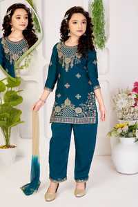 Ensemble Sharara pour filles, broderie lourde et travail miroir, en Georgette infroissable, bleu sarcelle |   Vêtements ethniques indiens en gros |   Festif - Product Image 1