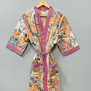 Women's Bohemian Style Luxury Cotton <b>Bath</b> Robe Floral Printed Handmade <b>Light</b> Weight Kimono Casual Front Logo Full Length Summer - Product Image 1