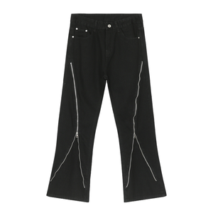 Jean en denim noir taille haute coupe droite avec fermetures éclair latérales, style décontracté ample, 100 % coton tissé, idéal pour l'automne - Product Image 5