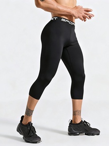 Leggings de compression noirs pour hommes, couleur unie, taille élastique, en Spandex et Nylon, vêtements de sport, longueur genou - Product Image 1