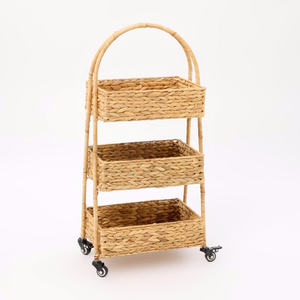 Compact Rolling Water Hyacinth Storage Cart 3 Tier Wicker Organizer With <b>Wheels</b> For <b>Small</b> Spaces, Kitchen And Bathroom Use - Product Image 1