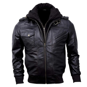 HARAZ Blouson moto slim coupe droite en cuir véritable noir pour homme, coupe-vent, col montant, fermeture éclair frontale, couleur unie, style urbain - Product Image 1