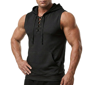Wholesale Men's Sleeveless Lace Up Hoodie Tank <b>Top</b> Fitness Muscle Shirt Cotton Sportswear Workout Vest Kangaroo Pocket Tank <b>Tops</b> - Product Image 6