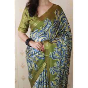 Sari de Seda Tussar Verde Suave con Estampado Abstracto y Bordado Zari de Elite Weaves, Conjunto para Fiesta para Mujer - Product Image 4