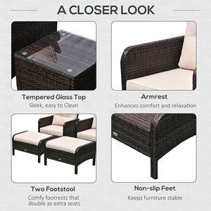 Set da 5 Pezzi in Rattan Intrecciato per Esterni con Tavolo in Vetro Temperato, 2 Sedie Imbottite e 2 Pouf - Product Image 6