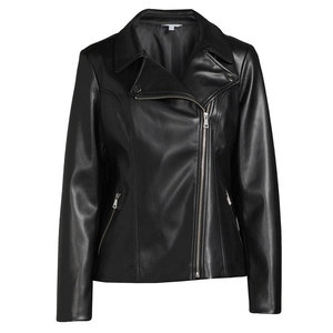 Chaqueta de motociclista de piel de oveja auténtica negra para mujer, con cremallera y cuello vuelto, estilo motero. - Product Image 1
