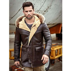 Veste en cuir véritable marron pour homme avec capuche en fourrure, rembourrée de duvet, coupe-vent, manteau d'hiver, coupe classique, style workwear - Product Image 3