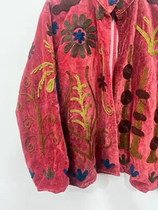 Premium Red <b>Velvet</b> Embroidered Suzani Jacket Floral Pattern Full Sleeve Stand Collar Handmade Bohemian Style Winter <b>Coat</b> - Product Image 3