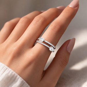 Anillo de Compromiso de Plata de Ley 925 con Doble Banda de Oro Blanco Sólido de 14K/18K y Diamante Cultivado en Laboratorio, Corte Pera y Redondo, Anillo de Moda - Product Image 6