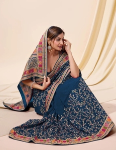 Sari de Mezcla de Seda Bordado Estilo Bollywood KV (Azul) - Product Image 1