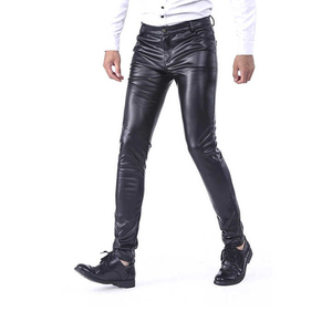 Pantalones de Cuero PU Negros para Hombre, Cintura Alta, Corte Ajustado, Estilo Motero, con Bolsillos Laterales, Cierre de Cremallera, Transpirables, de Spandex y Poliéster - Product Image 3