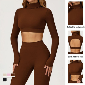 Haut de yoga court à manches longues pour femme, col roulé, extensible dans les quatre sens, séchage rapide, respirant, idéal pour l'entraînement en extérieur - Product Image 3