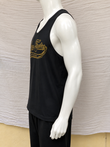Débardeur de sport Aero Faster pour homme, noir, sans manches, col rond, imprimé par transfert thermique, lettres dorées, décontracté, respirant, 100% coton tricoté - Product Image 3