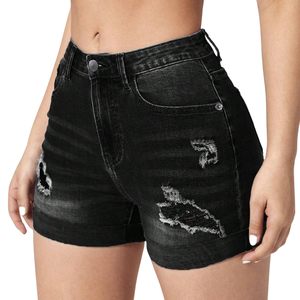 Shorts en jean noir déchiré et délavé pour femme, coupe mi-serrée décontractée, ourlet retroussé, style estival, en coton, classique - Product Image 4