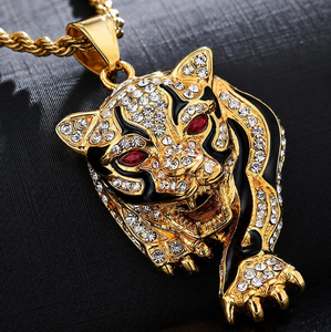 Collier pendentif tête de tigre plaqué or avec strass et zircon, chaîne à maillons, bijoux de mode hip-hop pour hommes, idéal pour les soirées - Product Image 4