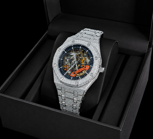 Montre-bracelet de luxe pour homme, à quartz, squelette, entièrement sertie de diamants CZ, en acier inoxydable, bracelet 20 mm, cadran analogique en verre, style mode - Product Image 4