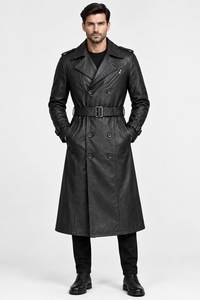 <b>Men</b> Genuine Leather <b>Long</b> Trench <b>Coat</b> Notched Lapel Double Breasted With Belt Regular Fit - Product Image 4