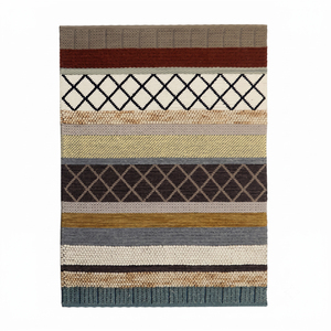 Tapis en laine DECORDEC multicolore texturé à rayures, écologique, antidérapant, tufté à la main, beige, noir, rouille, gris, motif géométrique en treillis pour - Product Image 1