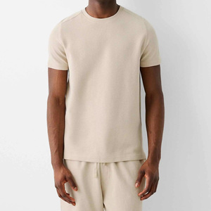 New Arrival Men's Light Blue Cotton Terry T-Shirt Set Crew Neck Solid Color Casual Summer Shorts Breathable Knitted Fabric - Product Image 4