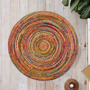 Round Braided Jute Area <b>Rug</b> Bohemian Style <b>Flat</b> Pile Eco Friendly Spot Clean Living Room <b>Rug</b> Multicolor Striped Pattern - Product Image 2