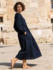 Robe longue bohème pour femme en coton et lin bleu marine, manches longues, col rond, coupe ample, unie, fluide, décontractée, pour l'été - Product Image 2