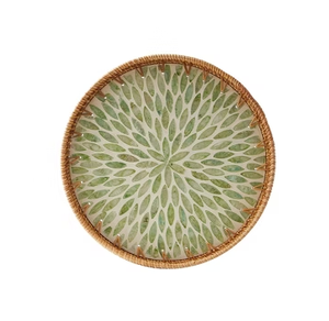 Plateau de service en rotin et nacre de grande qualité, plateau rond en rotin, plateau organisateur pour vase à fleurs en nacre - Product Image 4