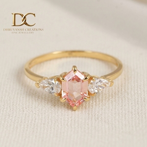 Anillo de Boda Elegante de Diseño con Diamante Cultivado en Laboratorio y Zafiro Padparadscha Cultivado en Laboratorio, Certificado por IGI, Oro Sólido de 14 Quilates, Joyería de Lujo para Mujer - Product Image 3