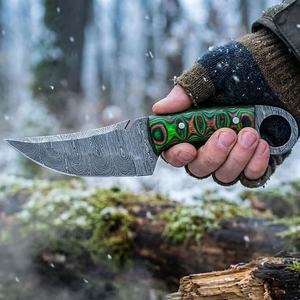 Cuchillo de caza y desollado de acero de Damasco hecho a mano, mango de madera Pakka, hoja recta, grado industrial, fijo, para camping al aire libre, OEM - Product Image 2