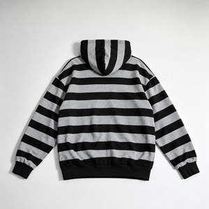 Sweat-shirt à capuche unisexe rayé à fermeture éclair noir et gris à manches longues décontracté - Product Image 4