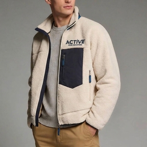 Veste à capuche en polaire sherpa unie pour homme, col montant, fermeture éclair, logo personnalisé brodé, vêtements d'extérieur d'hiver - Product Image 1