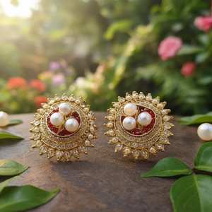 Navaratna Big Stud Earrings-Classic Trendy Geometric Heart Design Zinc Alloy with Imitation Pearl - Product Image 3