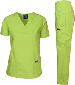 Conjunto de uniforme médico para mujer Harvest, verde lima, con blusa de cuello en V y pantalón, de algodón y poliéster tejido, con detección de agujas - Product Image 1