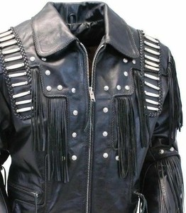 Veste en cuir véritable noir de qualité supérieure pour homme avec franges et clous argentés, style motard, col rabattu, personnalisation disponible - Product Image 2