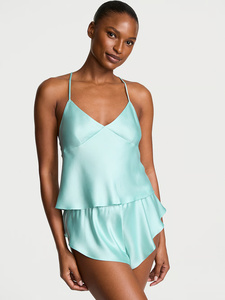 Conjunto de Salón de Satén Color Menta para Mujer, Cuello en V, Sin Mangas, Pantalones Cortos, Elegante Ropa de Dormir de Verano de 2 Piezas, Color Liso Suave - Product Image 4