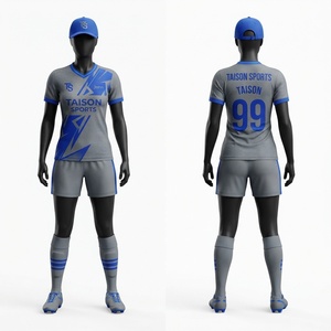 ชุดฟุตบอลชาย ผ้าโพลีเอสเตอร์ 140 กรัม สีเทา-น้ำเงิน ชุดเสื้อและกางเกงขาสั้นแบบสั่งทำพิเศษ ระบายอากาศ แห้งเร็ว ไม่หดตัว ทรงสปอร์ต - Product Image 1