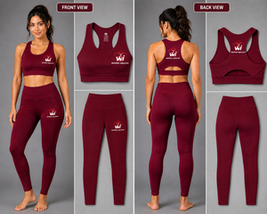 Ensemble de yoga pour femmes, haut court dos nageur bordeaux et leggings taille haute longueur intégrale, ensemble 2 pièces de sport, couleur unie brodée - Product Image 5