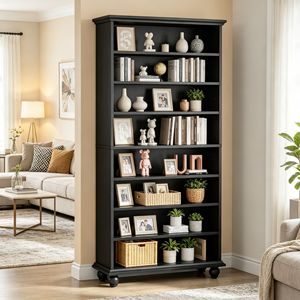 Estantería Abierta Alta de 7 Niveles, Librería Vintage Independiente de Madera Negra para Dormitorio, Sala de Estar, Oficina en Casa - Product Image 2