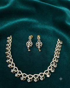 Artistic Curved Link Necklace Antique <b>Gold</b> Plated AD Jewelry <b>Set</b> With Pear Drop Motif & Dangle Earrings For Festivals Party Wear - Product Image 6