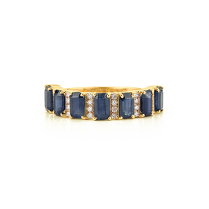 Anillo de media eternidad de oro amarillo real de 14 quilates con zafiro azul y diamantes, estilo moderno con piedras preciosas, para joyería unisex. - Product Image 1