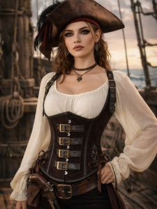 Wholesale Custom Womens Halloween Brown Suede Cow Leather Steampunk <b>Corset</b> Top Halter Strap Buckles Lace Back <b>Underbust</b> Waist - Product Image 4
