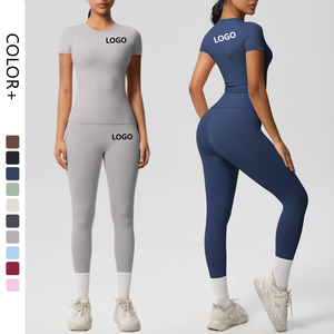 Women's Gym Fitness Sets Breathable High Waist Workout Clothing Quick Dry Leggings <b>Sport</b> <b>Shirts</b> Custom Logo Solid Yoga Set 12 - Product Image 2