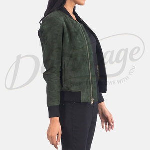 Women Dark Green Genuine Suede <b>Leather</b> Bomber <b>Jacket</b> Slim Fit Premium Goat Suede Casual Winter Varsity Outerwear Coat - Product Image 6