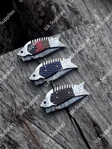 Couteau de poche EDC pliable en acier Damas gravé à la main, motif poisson, pointe tombante, best-seller, avec étui et aiguiseur, support OEM/ODM - Product Image 3